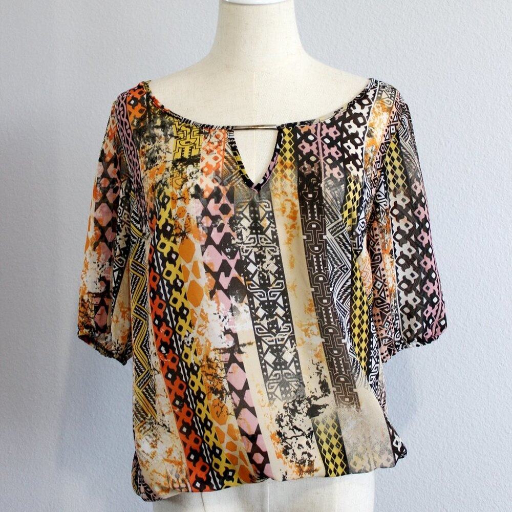 Unique Spectrum Tribal Patterned Rust Blouse Meta… - image 1
